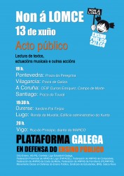 A Plataforma Galega en Defensa do Ensino Público realizará actos públicos contra a LOMCE este xoves 13 en vilas e cidades